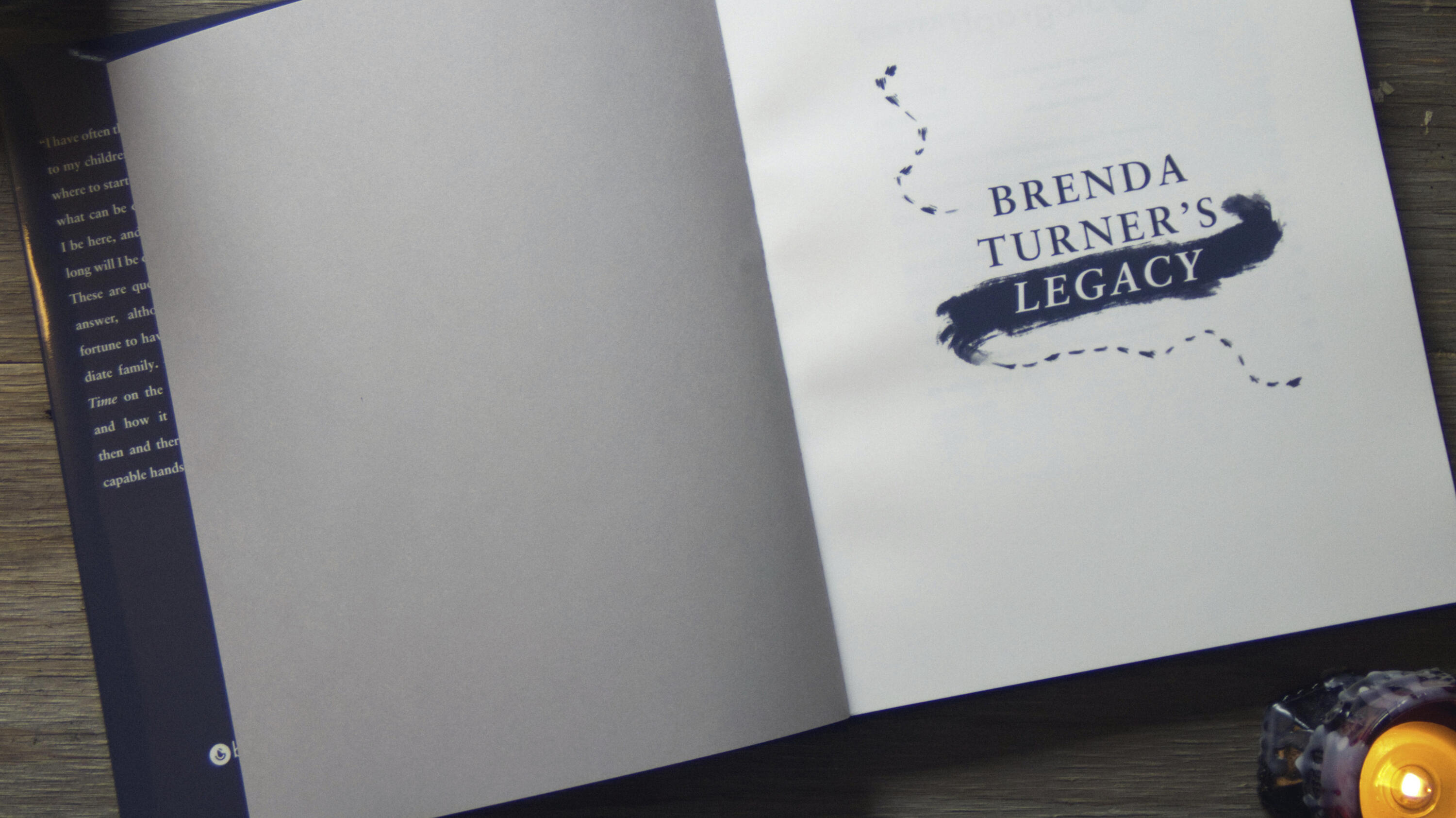 The verso, i.e. the first spread repeating a simpler print of the cover. It reads Brenda Turner's Legacy.